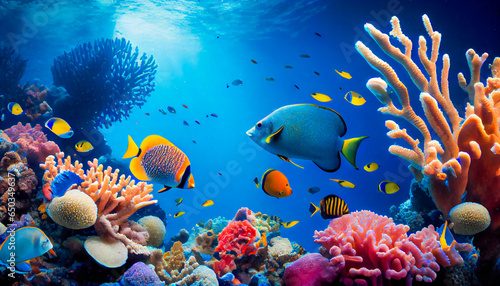 A Vibrant Underwater World of Colorful Tropical Fishes.  A Look into the Diverse and Complex Ecosystem of the Ocean. Generative AI © EwaStudio