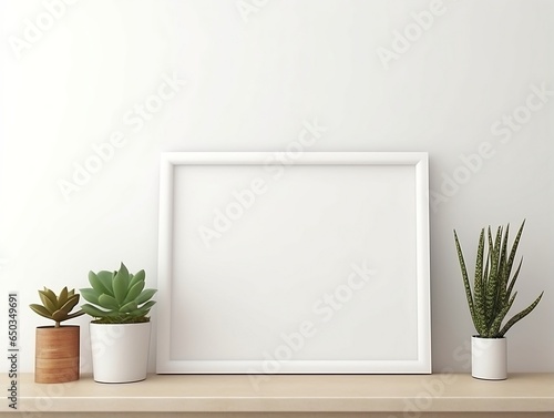 Empty frame on a white mantle with plants mockup for art showcase generative ai