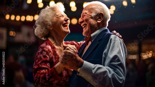 Beautiful senior couple is dancing and smiling. AI Generated