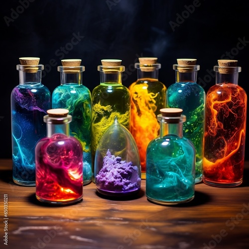 colorful liquid potion ink bottles, in the style of mystical creatures, firecore, enchanting lighting, natural symbolism, magewave, ocean academia, sensory experience - photo