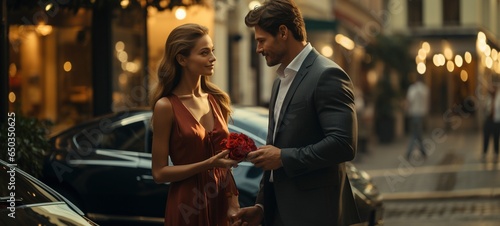 beautiful couple of man and woman. The man delivers a bouquet of red flowers in the middle of the street in the city © I.M.A.G.I.N.E.A.I
