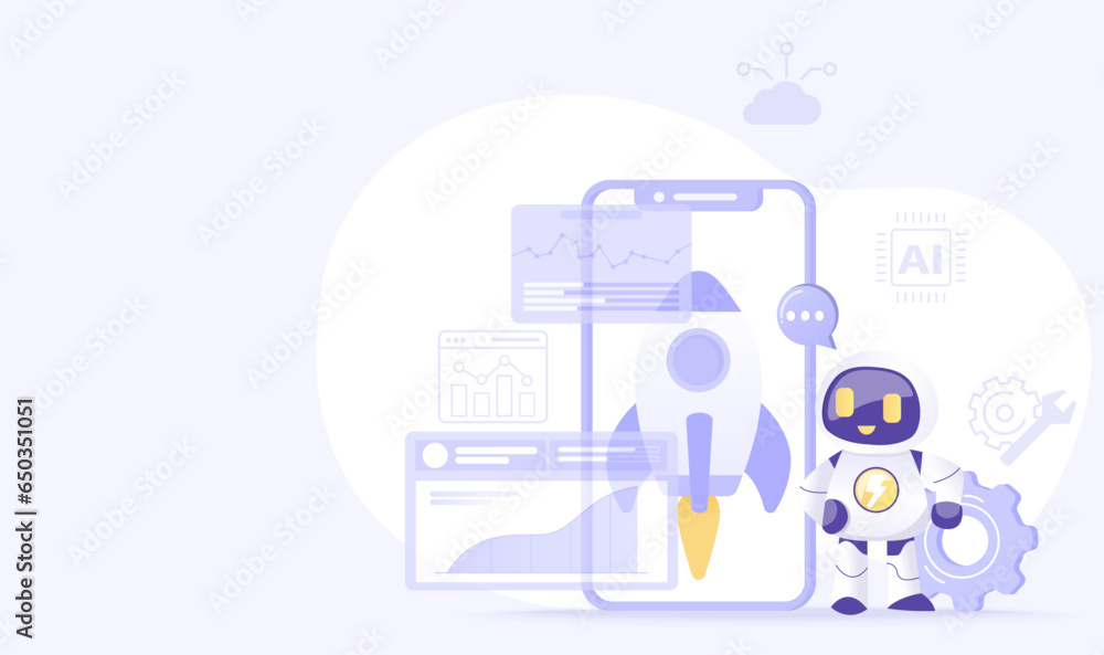 Artificial Intelligence (AI) technology and startup concept. New business startup, growth, investment, data analysis, innovation, networking to goal. Flat vector design illustration with copy space.