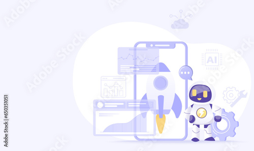 Artificial Intelligence (AI) technology and startup concept. New business startup, growth, investment, data analysis, innovation, networking to goal. Flat vector design illustration with copy space.