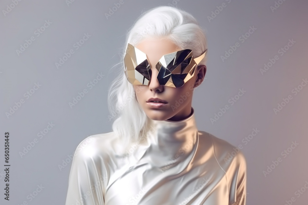 Beauty, fashion and lifestyle concept. Futuristic looking beautiful woman with white hair and minimalist mask portrait. Close-up model view in bright background. Generative AI