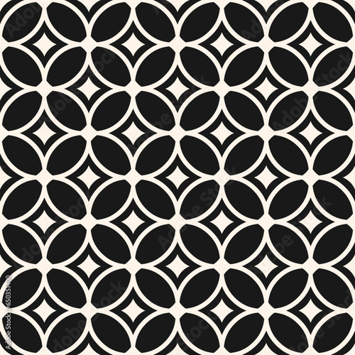 Monochrome vector geometric seamless pattern with big rounded grid, mesh, lattice, circles, repeat tiles, curved lines. Simple abstract black and white background. Minimal vector ornament texture