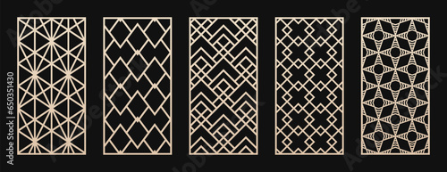 Decorative panels for laser cut, CNC cutting. Cutout silhouette with abstract geometric pattern, triangles, diamonds, grid, lattice. Japanese style. Vector stencil for wood, metal. Aspect ratio 1:2
