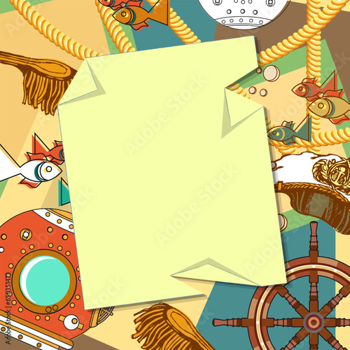 A crumpled sheet of paper against the background of various marine accessories - fish, ropes, diving helmets, steering wheels and more. Cover, wallpaper. Vector illustration