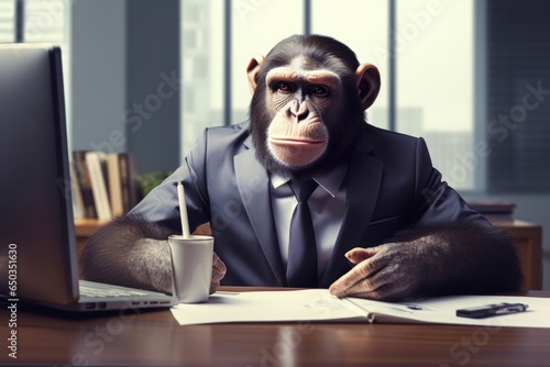 Monkey wearing suit in office , Businessman monkey sitting at office Generative AI