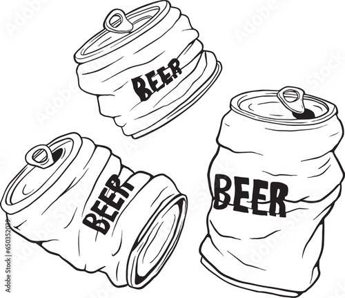 Black And White Of Two Broken Beer Cans Drink With Doodle Or Sketchy Style - Black line vector, Black and white