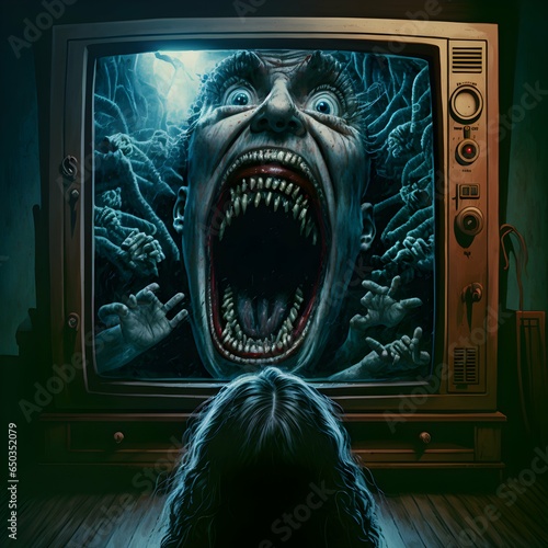 a 1985 dark fantasy horror film a tv screen bursting with screaming monsters connected to life support machines combined to screaming women opening in a Manhattan apartment livingroom hyper 