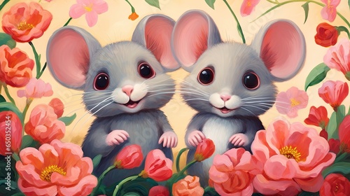  a painting of two mice sitting in a field of flowers. generative ai