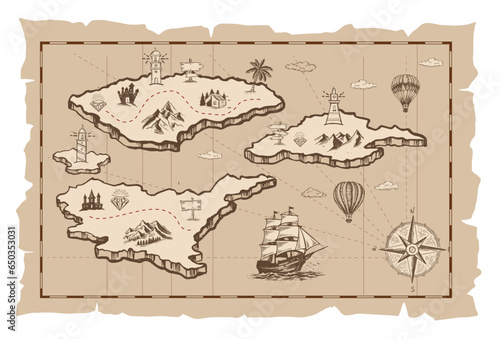 Old treasure map vector sketch. Hand drawn illustrations, vector.	
