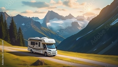 Summer Trip to the Mountains on Motorhome with Parked for Rest in the Scenic Highlands. Generative ai