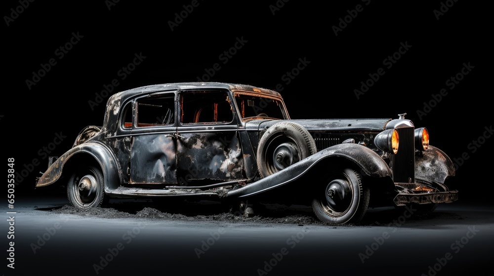 eerie beauty of an old, burnt-out car, isolated over a black background. eerie beauty of an old, burnt-out car, isolated over a black background.