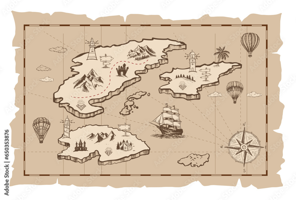 Old treasure map vector sketch. Hand drawn illustrations, vector. Stock ...