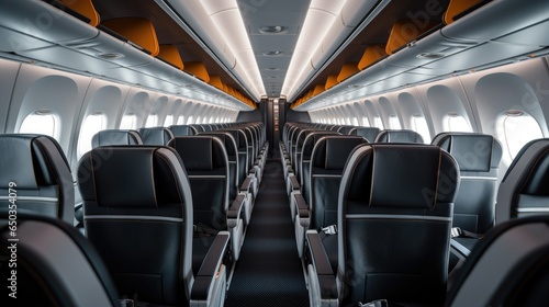 Airlines in Comfort, modern design and passenger comfort of an airliner cabin in the morning light.