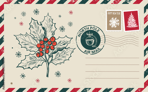 Christmas mail, postcard, hand drawn illustration.	
