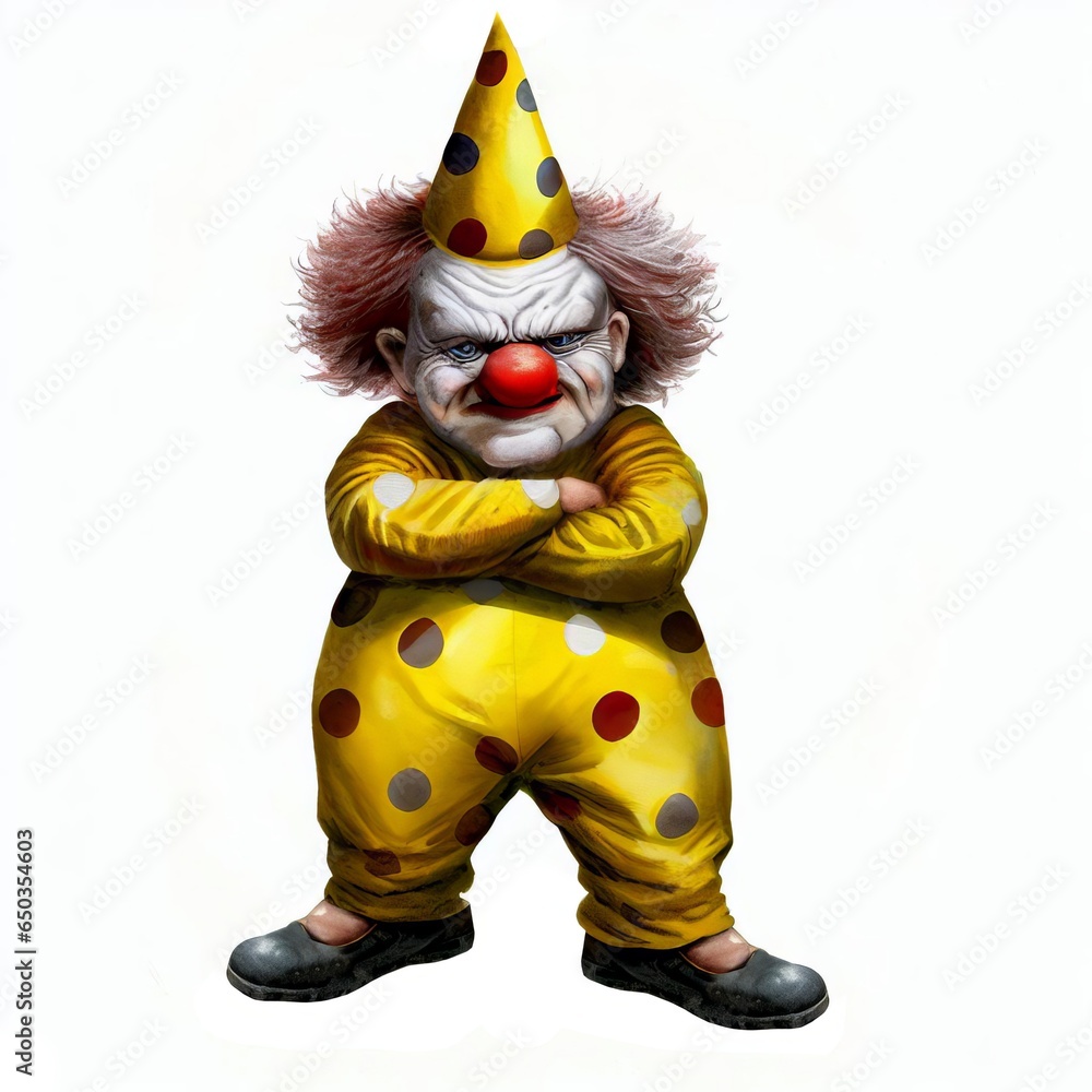Watercolor illustration of a very angry old Clown with his arms folded isolated on a white background Watercolor illustration of a very angry old Clown with his arms folded isolated on a white background