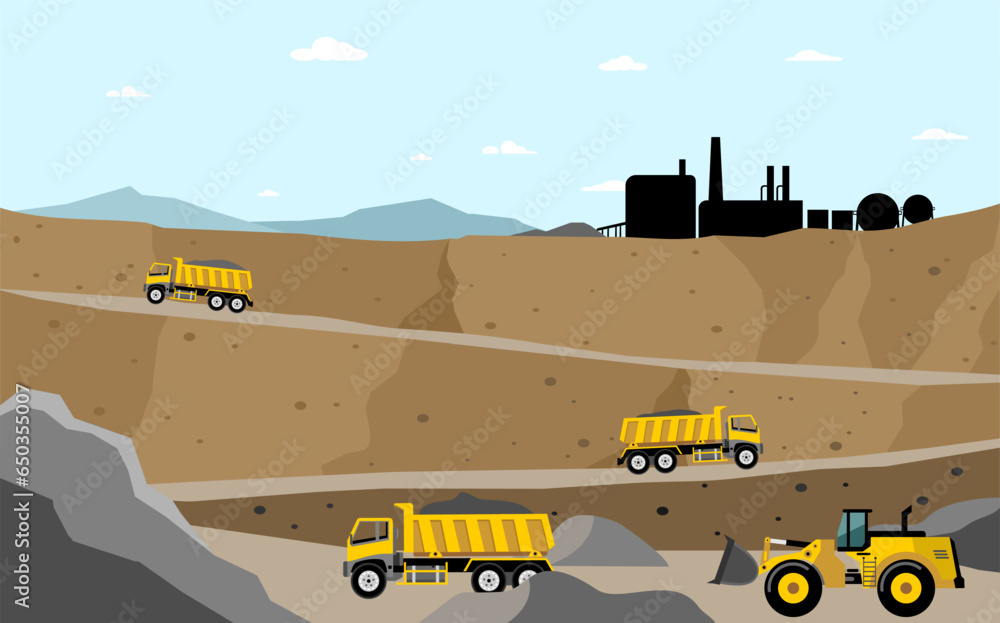 Mine landscape. Coal mining location with heavy equipment - obrazy, fototapety, plakaty 