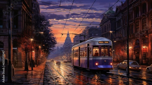  a painting of a trolley on a city street at night.  generative ai