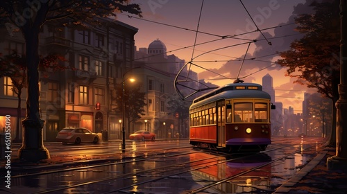  a red trolley car traveling down a rain soaked street next to tall buildings.  generative ai