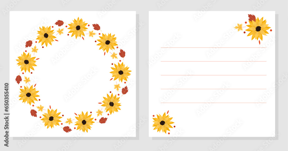 Autumn double sided card with sunflowers. Greeting card, invitation. World Teachers Day. International Day of Older Persons. Vector frame with leaves and flowers.