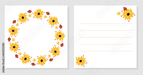Autumn double sided card with sunflowers. Greeting card, invitation. World Teachers Day. International Day of Older Persons. Vector frame with leaves and flowers.