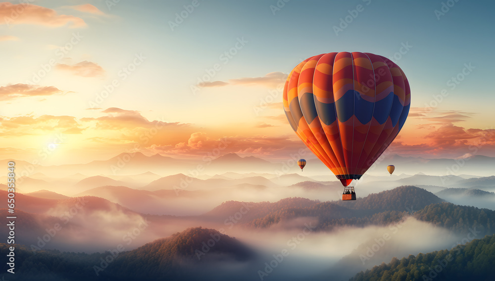 Obraz premium Air balloon in the sky at sunset colorful background
