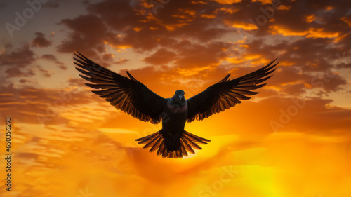 Pigeon spreads its wings against a cloudy sunset sky.