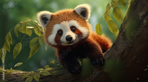  a red panda bear sitting in a tree looking at the camera. generative ai