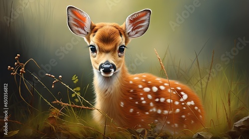  a painting of a young deer in a field of grass.  generative ai © Jevjenijs