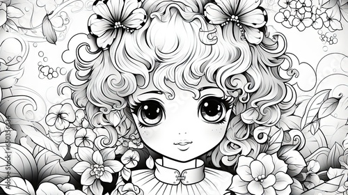  a black and white drawing of a girl surrounded by flowers.  generative ai