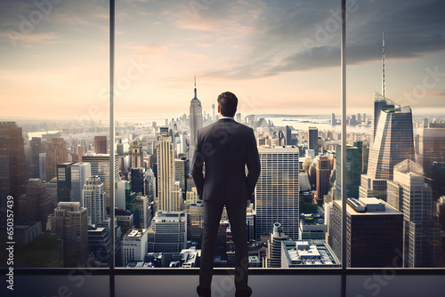 Business man looking out at city skyline through window