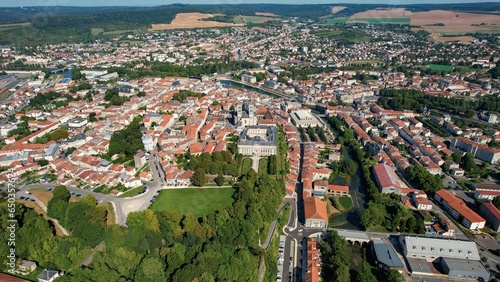 Aerial of the old town around the city Verdun in France on a sunny day in late summer.