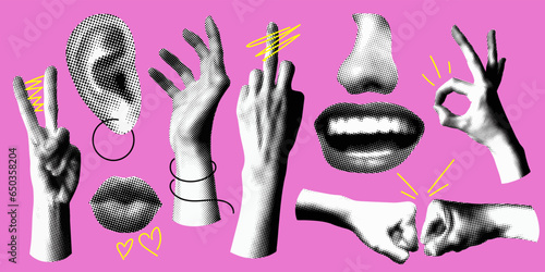 Set of retro halftone hands. Paper cutout elements. Hands gesture ok. Y2K style. Trendy vintage newspaper parts. Halftone collage element. Dotted pop art style. Fuck you symbol, lips. Fist bump photo