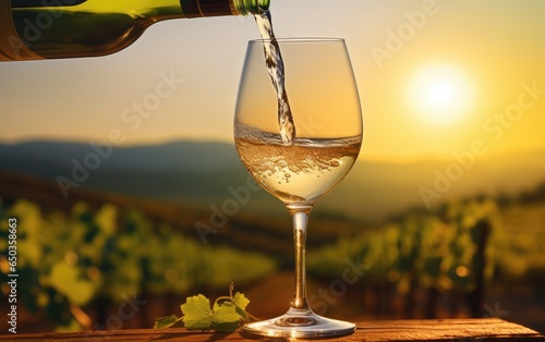 Pouring white wine into glass on vineyard background at sunset. Generative AI