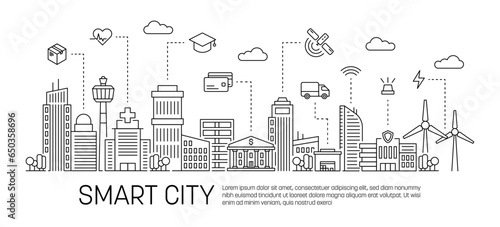 Smart city concept with editable stroke line. Modern town enviroment sustainable connected buildings. Vector isolated concept	