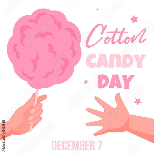 Cotton candy day december 7 illustration on white background with big pink candy floss in hand. Kid's hand reaching for the sweet.