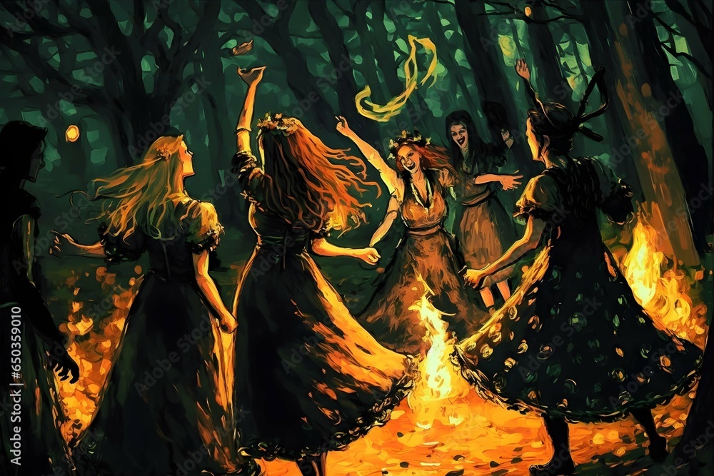 Witchcraft Black Mass Deep in the Forest coven of wicca women dancing and frolicking around a bonefire oil painting high contrast colors 