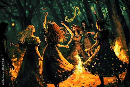 Witchcraft Black Mass Deep in the Forest coven of wicca women dancing and frolicking around a bonefire oil painting high contrast colors 