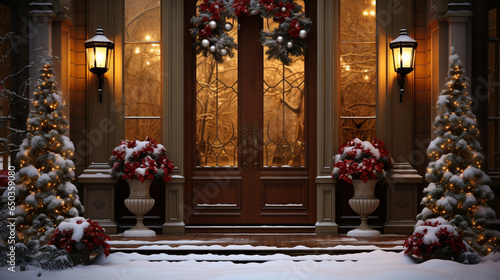 Christmas decorated house front with door and window © Nataliia