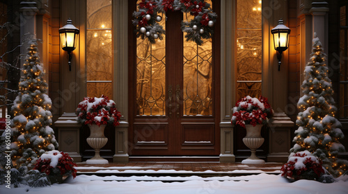 Christmas decorated house front with door and window