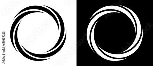 Rotating art lines in circle shape as symbol, logo or icon. A black figure on a white background and an equally white figure on the black side.