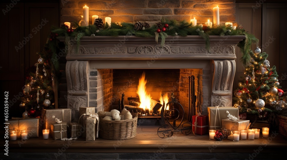 Warm Christmas Fireplace Setting with Stockings and Garland Warm Christmas Fireplace Setting with Stockings and Garland