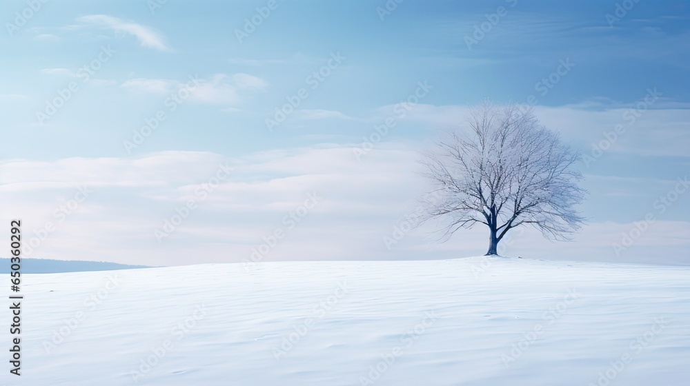 a lone tree stands alone in a snowy field under a blue sky. generative ai a lone tree stands alone in a snowy field under a blue sky. generative ai