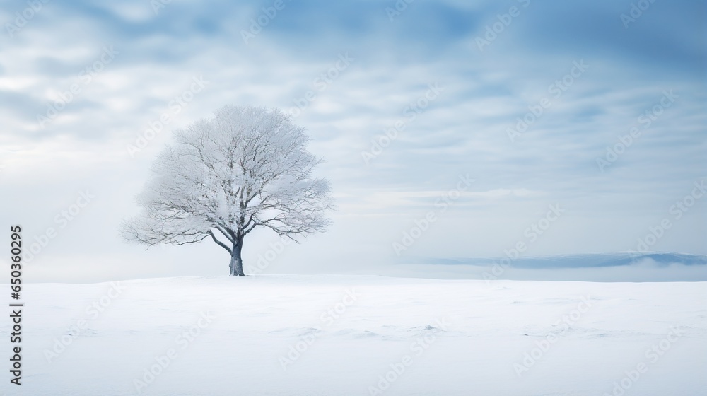 a lone tree stands alone in a snowy field with a blue sky in the background. generative ai a lone tree stands alone in a snowy field with a blue sky in the background. generative ai