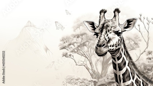  a drawing of a giraffe standing in front of a tree.  generative ai