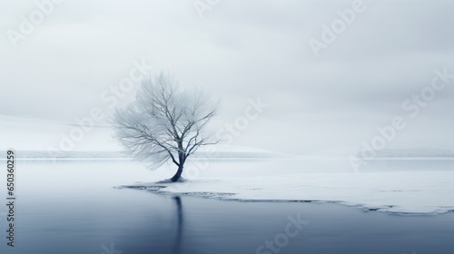  a lone tree stands alone in the middle of a frozen lake. generative ai