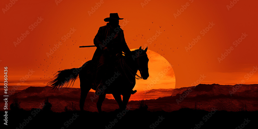 Digital Art of a Silhouette Sniper Man Riding Horseback Against Amazing Sunset