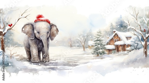  a painting of an elephant wearing a red hat in the snow.  generative ai
